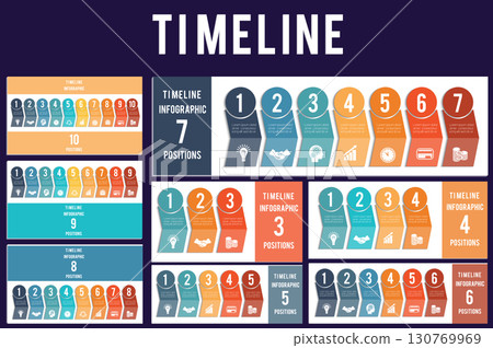 Templates for Infographic. Timeline of colored arrows and numbered circles.  Design for 3, 4, 5, 6, 7, 8, 9, 10 position can be used for workflow, banner, diagram, web design, area chart 130769969