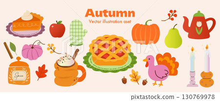 秋季插圖集（南瓜派、火雞、水果、蠟燭） 130769978