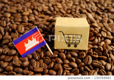 Cambodia flag with shopping cart box on coffee beans, shopping online for imxport xmport. Cambodia flag with shopping cart box on coffee beans, shopping online for imxport xmport. 130769981