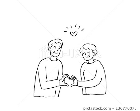 Elderly men and women making heart poses, Silver couple, elderly couple, line drawing, 130770073