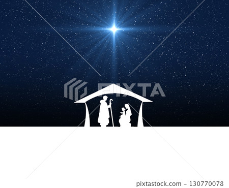Star of Bethlehem, or the Christmas Star. Silhouettes of Jesus Christ's family in the manger Mary and Joseph 130770078