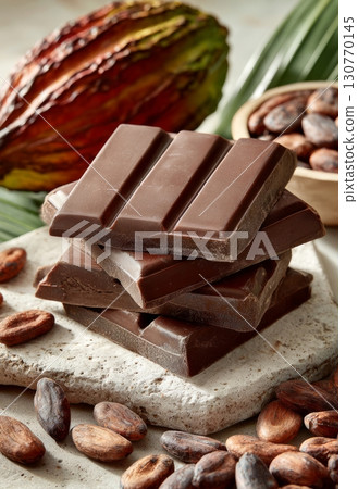 Dark chocolate bars stacked on stone with cocoa beans and pod 130770145