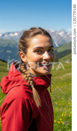 Happy woman hiker in a red jacket smiling in a beautiful mountain meadow in summer 130770186