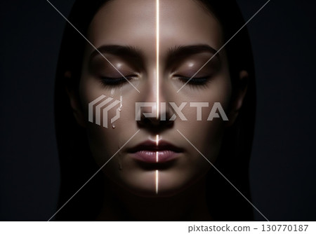 Conceptual portrait of a crying woman with a light beam scanning her sad face 130770187