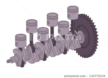 Detailed illustration of internal combustion engine crankshaft with pistons and a gear represents mechanical engineering automotive design and power generation concepts Detailed illustration of internal combustion engine crankshaft with pistons and a gear represents mechanical engineering automotive design and power generation concepts 130770244
