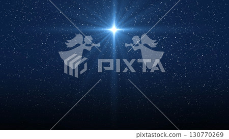 Christmas star and angels, Nativity of Jesus Christ. Background of the beautiful dark blue starry sky and bright star. 130770269