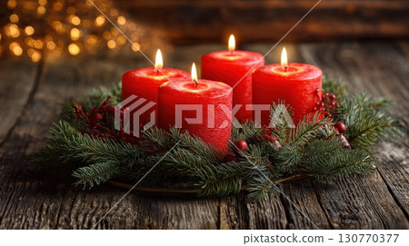 Advent Wreath with Red Candles and Fir Branches on Wooden Table 130770377