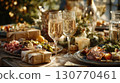 Festive Christmas Evening Tabletop Flat Lay with Food and Drinks 130770461