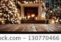 Festive Wooden Board Mockup with Christmas Decorations Background 130770466