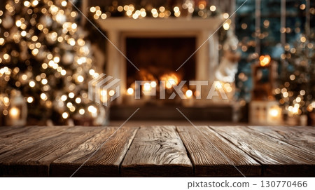 Festive Wooden Board Mockup with Christmas Decorations Background 130770466