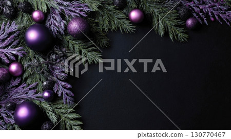 Elegant Purple Ornaments and Fir Frame on Black Background 130770467