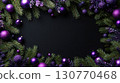 Festive Christmas Frame with Purple Ornaments on Black Background 130770468