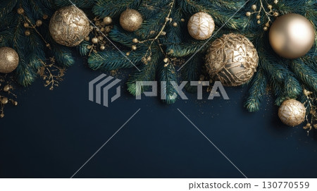 Festive Gold Ornaments and Pine Branches for Holiday Card Design Festive Gold Ornaments and Pine Branches for Holiday Card Design 130770559