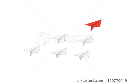 Red paper plane flies ahead of white planes, leadership concept 130770649