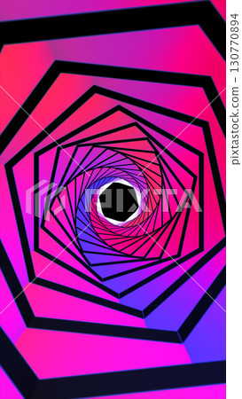 Abstract geometric spiral tunnel in pink and purple tones with black outlines forming symmetry Abstract geometric spiral tunnel in pink and purple tones with black outlines forming symmetry 130770894