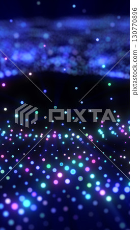 Colorful digital dots arranged in a perspective grid over a dark background, simulating a glowing data surface 130770896