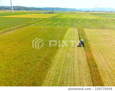 Aerial shot of grass cutting in Esashi Town, Hokkaido in early autumn Aerial shot of grass cutting in Esashi Town, Hokkaido in early autumn 130770936