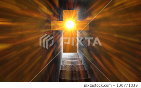 Staircase comes to the exit in the form of a cross with sunbeams. Easter and resurrection concept 130771039