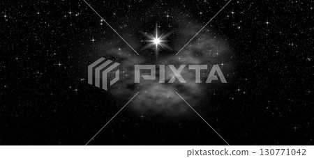 Starry sky and nebula. Bright star or star of Bethlehem. Nativity concept. Black and white tones. Starry sky and nebula. Bright star or star of Bethlehem. Nativity concept. Black and white tones. 130771042