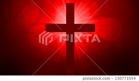Cross surrounded by red sun rays. Easter and resurrection concept. Cross surrounded by red sun rays. Easter and resurrection concept. 130771054