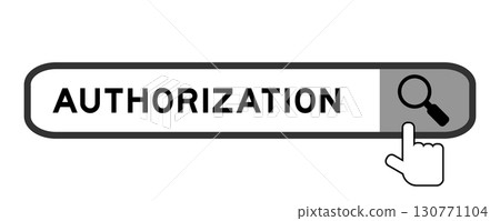 Search banner in word authorization with hand over magnifier icon on white background Search banner in word authorization with hand over magnifier icon on white background 130771104