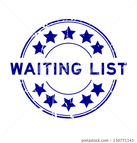 Grunge blue waiting list word with star icon round rubber seal stamp on white background 130771143