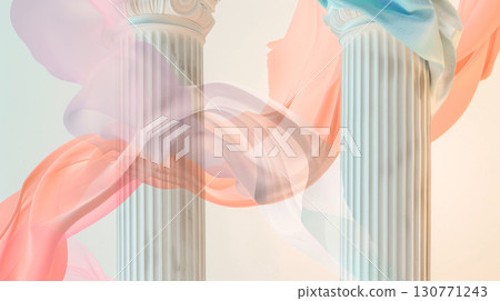 Classical white columns adorned with flowing pastel fabrics in soft pink, blue, and peach hues create elegant and ethereal backdrop for design. Ideal for modern art, fashion shoots or refined branding 130771243