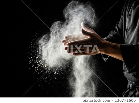 Chef in a black uniform clapping his hands and creating a cloud of flour on a dark background 130771600