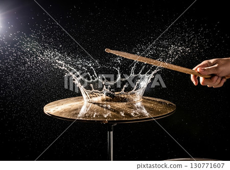 Drumstick hitting a cymbal, creating a dramatic water splash on a black background 130771607