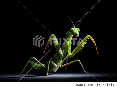 Green praying mantis in a defensive pose with dramatic lighting on a black background Green praying mantis in a defensive pose with dramatic lighting on a black background 130771615