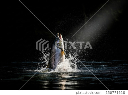 Atlantic salmon fish jumping out of the water and creating a splash in a dramatic spotlight 130771618