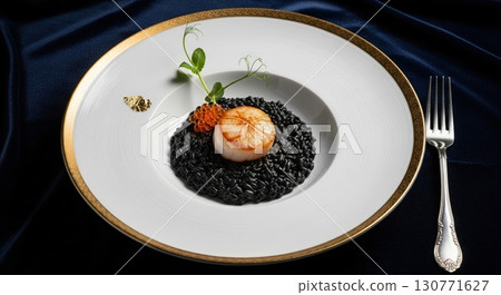Gourmet seared scallop on black squid ink risotto with salmon roe and gold leaf on a plate 130771627