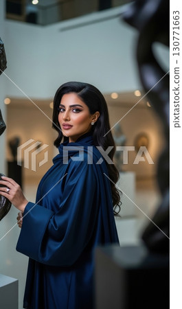 Beautiful middle eastern woman in a blue abaya visiting a modern art museum or gallery Beautiful middle eastern woman in a blue abaya visiting a modern art museum or gallery 130771663
