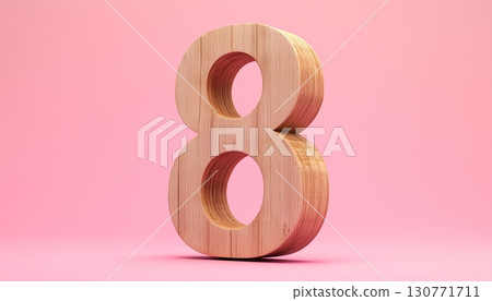 Shape number 8 made from pieces wooden textured in pink pastel background 130771711