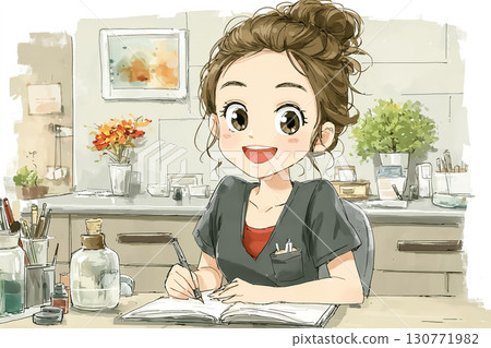 Miyu, caregiver, studying after returning home (studying with notebooks spread out at the desk) 130771982