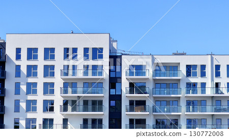 Architectural details of modern apartment building. Modern european residential apartment building complex. 130772008