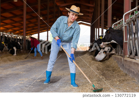 Young adult woman farmer working in cowshed Young adult woman farmer working in cowshed 130772119