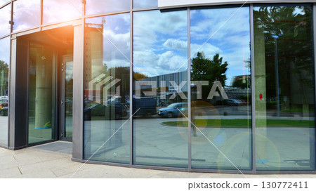 Panoramic windows of new commercial premises. Commercial property in development standard for rent. 130772411