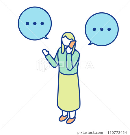 Isometric illustration of a woman talking on a smartphone. She is consulting about her problems and worries. 130772434