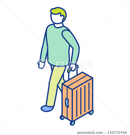 Isometric illustration of a man with a suitcase. Male traveler walking with luggage. 130772436