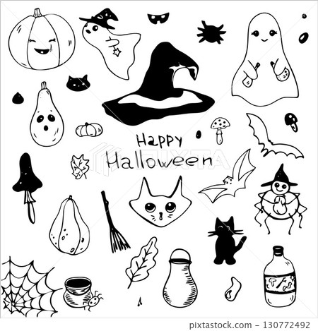 Halloween doodles black and white drawing set. Vector illustration 130772492