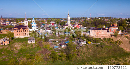 Aerial view of city of Belev with monastery and river, Tula region Aerial view of city of Belev with monastery and river, Tula region 130772511