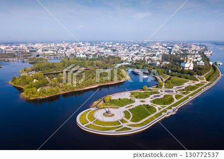 Aerial view of city of Kursk with Volga river at sunny day 130772537