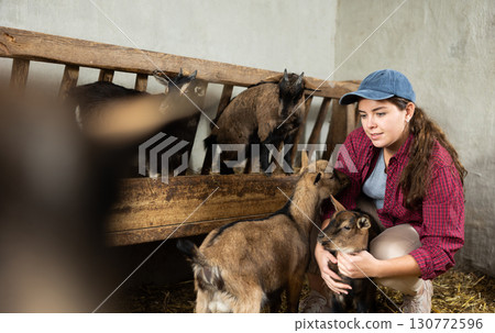 Female farmer takes care of herd of goats in paddock at an animal farm 130772596