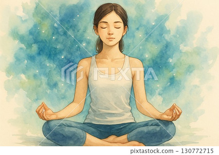 A calm expression of a meditating woman drawn with watercolor touches 130772715