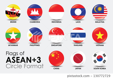 Flags of ASEAN+3 displayed circle format showcasing national symbols of Brunei Cambodia Indonesia Laos Malaysia Myanmar Philippines Singapore 130772729