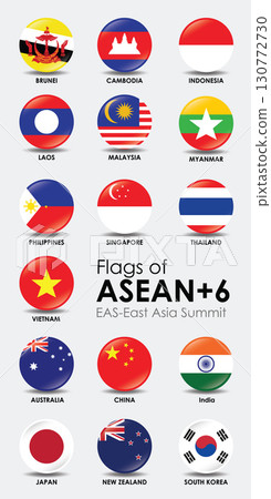 Flags of ASEAN and East Asia Summit countries displayed in vibrant and colorful arrangement, showcasing national symbols and unity 130772730