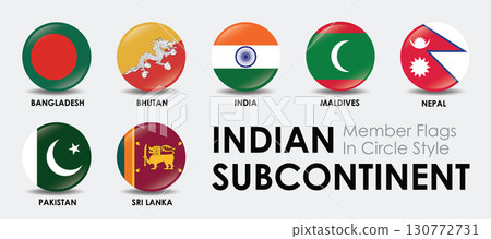 Indian Subcontinent flags displayed in circular style showcasing national symbols of Bangladesh Bhutan India Maldives Nepal Pakistan and Sri Lanka 130772731