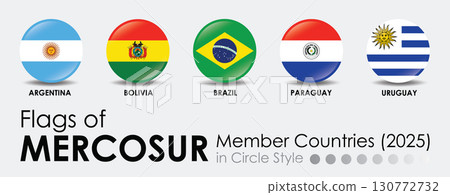 Flags of MERCOSUR member countries displayed in circle style, showcasing Argentina, Bolivia, Brazil, Paraguay, and Uruguay 130772732