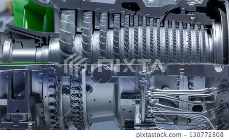 Gas turbine engine with turbine blades, Industrial gas turbine engine, Steel blades of turbine propeller industrial additive technology, 130772808